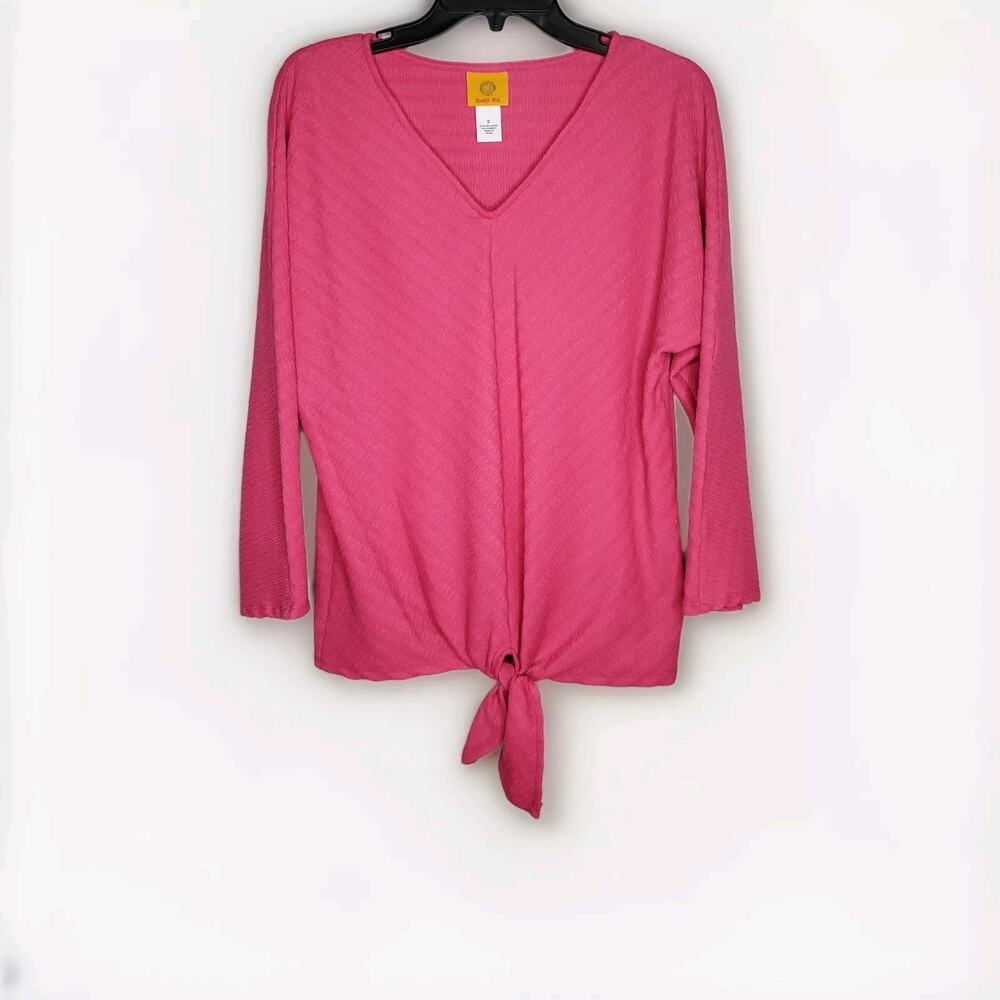 Ruby Rd Womens Small Top Blouse Raspberry Pink Tie Waist 3/4 Sleeve V Neck